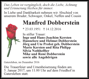 Traueranzeige von Manfred Dobberstein von Super Sonntag Aschersleben