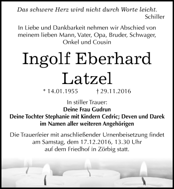 Traueranzeige von Ingolf Eberhard Latzel von Mitteldeutsche Zeitung Bitterfeld