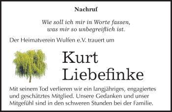 Traueranzeige von Kurt Liebefinke von Mitteldeutsche Zeitung Köthen