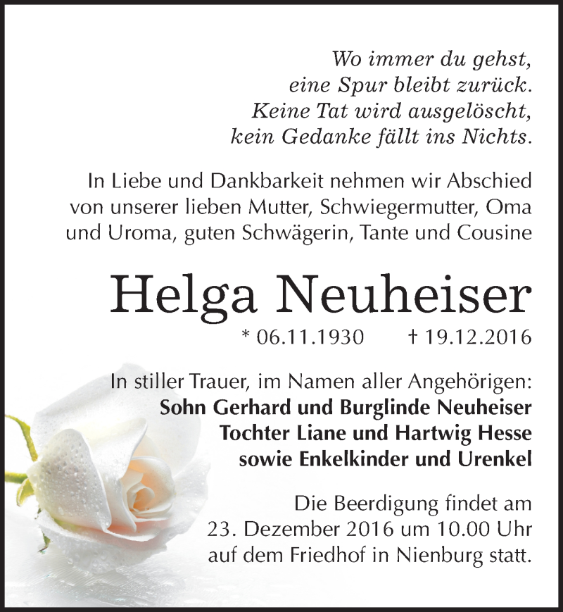  Traueranzeige für Helga Neuheiser vom 21.12.2016 aus Mitteldeutsche Zeitung Bernburg