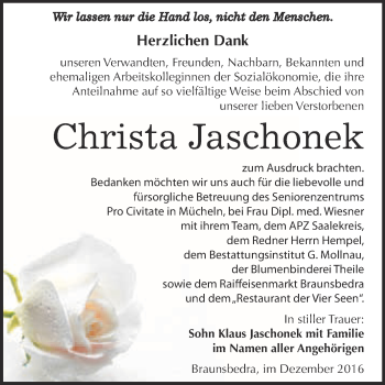 Traueranzeige von Christa Jaschonek von WVG - Wochenspiegel Merseburg