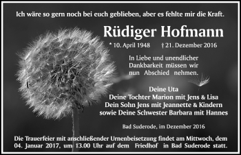 Traueranzeige von Rüdiger Hofmann von Mitteldeutsche Zeitung Quedlinburg