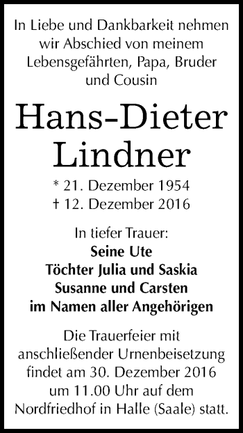 Traueranzeige von Hans-Dieter Lindner von Mitteldeutsche Zeitung Halle/Saalkreis