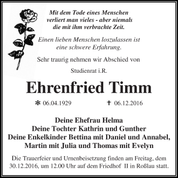 Traueranzeige von Ehrenfried Timm von WVG - Wochenspiegel Dessau / Köthen
