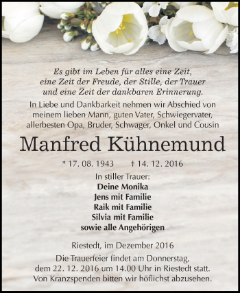 Traueranzeige von Manfred Kühnemund von WVG - Wochenspiegel SGH