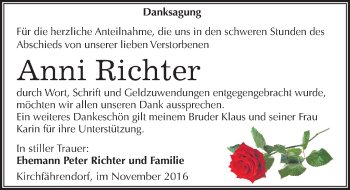 Traueranzeige von Anni Richter von Mitteldeutsche Zeitung Merseburg/Querfurt