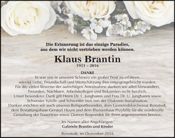 Traueranzeige von Klaus Brantin von Mitteldeutsche Zeitung Quedlinburg