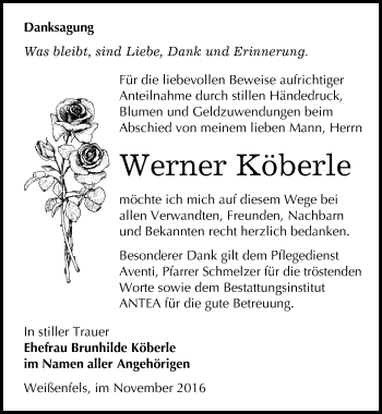 Traueranzeige von Werner Köberle von Mitteldeutsche Zeitung Weißenfels