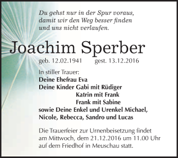 Traueranzeige von Joachim Sperber von WVG - Wochenspiegel Merseburg