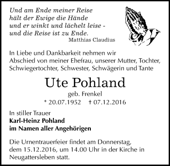 Traueranzeige von Ute Pohland von Mitteldeutsche Zeitung Bernburg