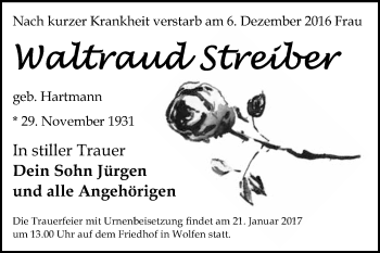 Traueranzeige von Waltraud Streiber von WVG - Wochenspiegel Bitterfeld