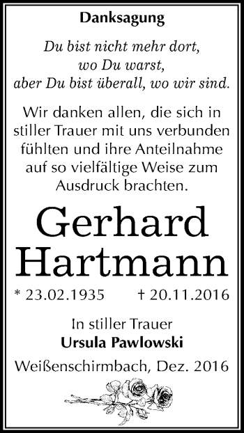 Traueranzeige von Gerhard Hartmann von Mitteldeutsche Zeitung Merseburg/Querfurt