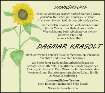 Traueranzeige von Dagmar Krasolt von WVG - Wochenspiegel Bitterfeld