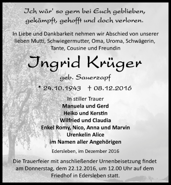 Traueranzeige von Ingrid Krüger von Mitteldeutsche Zeitung Sangerhausen