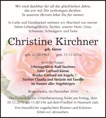 Traueranzeige von Christine Kirchner von WVG - Wochenspiegel Merseburg