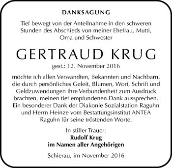 Traueranzeige von Gertraud Krug von Mitteldeutsche Zeitung Bitterfeld