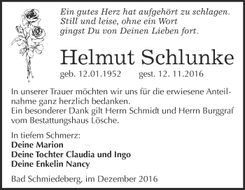 Traueranzeige von Helmut Schlunke von WVG - Wochenspiegel Wittenberg