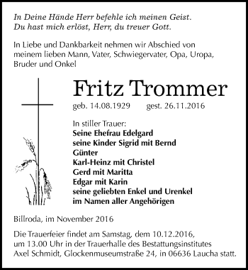Traueranzeige von Fritz Trommer von Mitteldeutsche Zeitung Naumburg/Nebra