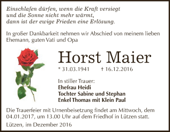 Traueranzeige von Horst Maier von WVG - Wochenspiegel NMB / WSF / ZTZ