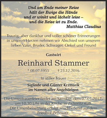 Traueranzeige von Reinhard Stammer von Super Sonntag Bernburg