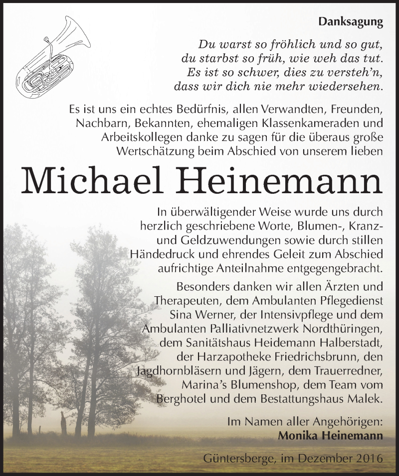  Traueranzeige für Michael Heinemann vom 09.12.2016 aus Mitteldeutsche Zeitung Quedlinburg