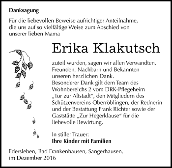 Traueranzeige von Erika Klakutsch von Mitteldeutsche Zeitung Sangerhausen
