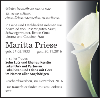 Traueranzeige von Maritta Priese von Mitteldeutsche Zeitung Weißenfels
