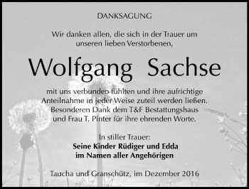 Traueranzeige von Wolfgang Sachse von Mitteldeutsche Zeitung Weißenfels