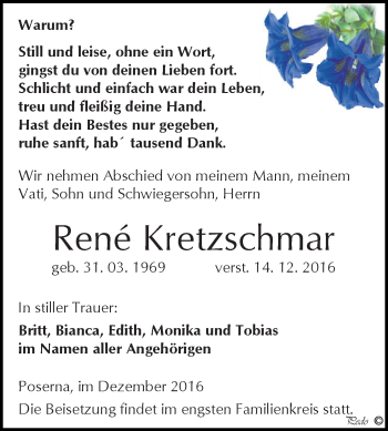 Traueranzeige von René Kretzschmar von WVG - Wochenspiegel NMB / WSF / ZTZ
