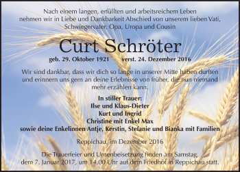 Traueranzeige von Curt Schröter von Mitteldeutsche Zeitung Köthen