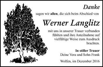 Traueranzeige von Werner Langlitz von Mitteldeutsche Zeitung Bitterfeld