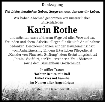 Traueranzeige von Karin Rothe von Mitteldeutsche Zeitung Bernburg