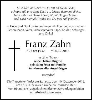 Traueranzeige von Franz Zahn von Mitteldeutsche Zeitung Naumburg/Nebra