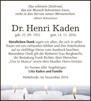 Traueranzeige von Henri Kaden von Super Sonntag SGH Mansf. Land