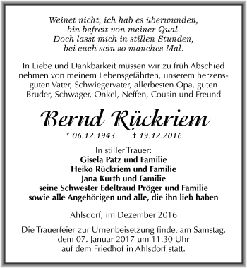 Traueranzeige von Bernd Rückriem von Mitteldeutsche Zeitung Mansfelder Land