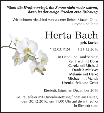 Traueranzeige von Herta Bach von Mitteldeutsche Zeitung Sangerhausen
