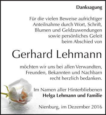 Traueranzeige von Gerhard Lehmann von Mitteldeutsche Zeitung Bernburg
