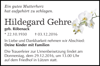 Traueranzeige von Hildegard Gehre von WVG - Wochenspiegel Merseburg