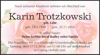 Traueranzeige von Karin Trotzkowski von Super Sonntag Wittenberg