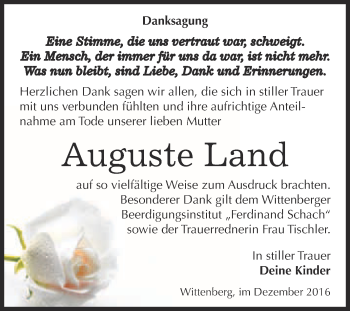 Traueranzeige von Auguste Land von WVG - Wochenspiegel Wittenberg
