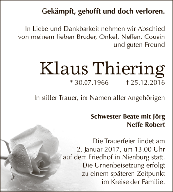 Traueranzeige von Klaus Thiering von Super Sonntag Bernburg