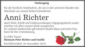Traueranzeige von Anni Richter von Super Sonntag Merseburg