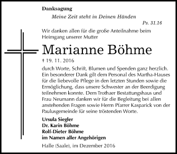 Traueranzeige von Marianne Böhme von Mitteldeutsche Zeitung Halle/Saalkreis