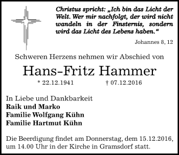 Traueranzeige von Hans-Fritz Hammer von Mitteldeutsche Zeitung Bernburg