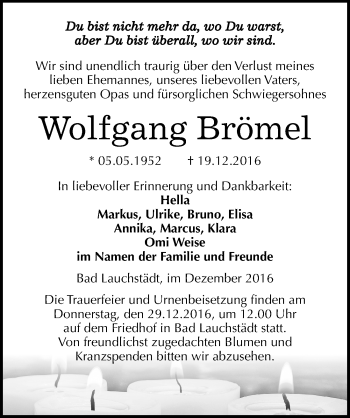 Traueranzeige von Wolfgang Brömel von Mitteldeutsche Zeitung Merseburg/Querfurt