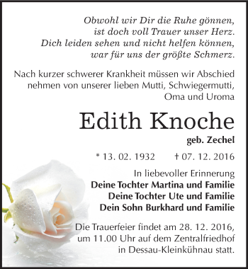 Traueranzeige von Edith Knoche von Mitteldeutsche Zeitung Dessau-Roßlau
