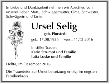 Traueranzeige von Ursel Selig von Mitteldeutsche Zeitung Mansfelder Land