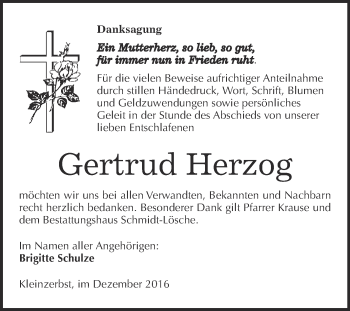 Traueranzeige von Gertrud Herzog von Super Sonntag Wittenberg