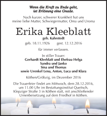 Traueranzeige von Erika Kleeblatt von Mitteldeutsche Zeitung Köthen