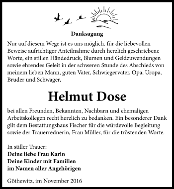 Traueranzeige von Helmut Dose von Mitteldeutsche Zeitung Weißenfels